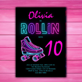 ローラスケートで滑るパーティーガールズネオングロー誕生日 招待状
