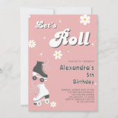 ローラスケートで滑るパーティー | レトロピンク誕生日 招待状 (正面)