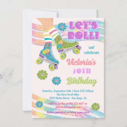 ローラスケートで滑るレトログリッターヒッピー誕生日 招待状 (正面)