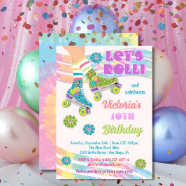 ローラスケートで滑るレトログリッターヒッピー誕生日 招待状