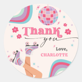 ローラスケートで滑る誕生日レトロレインボー ラウンドシール