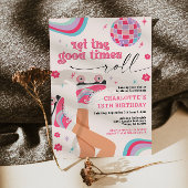 ローラスケートで滑る誕生日招待状レトロレインボー 招待状