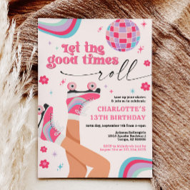 ローラスケートで滑る誕生日招待状レトロレインボー 招待状