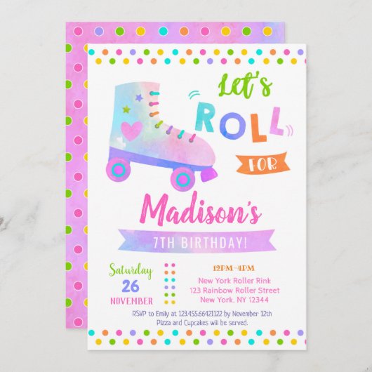 ローラスケートスケートで滑るバースデーパーティ招待状 招待状 (正面/裏面)