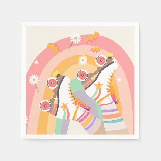 ローラスケートスケートで滑るレトログルーヴィーガール誕生日 スタンダードカクテルナプキン (正面)