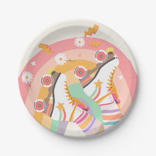 ローラスケートスケートで滑るレトログルーヴィーガール誕生日Pa ペーパープレート (正面)