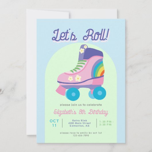 ローラスケートレトロスケートで滑るガールズ誕生日 招待状 (正面)