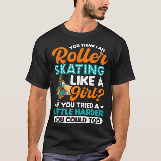 ローラスケートレトロ90sローラースケートで滑るガール tシャツ (正面)