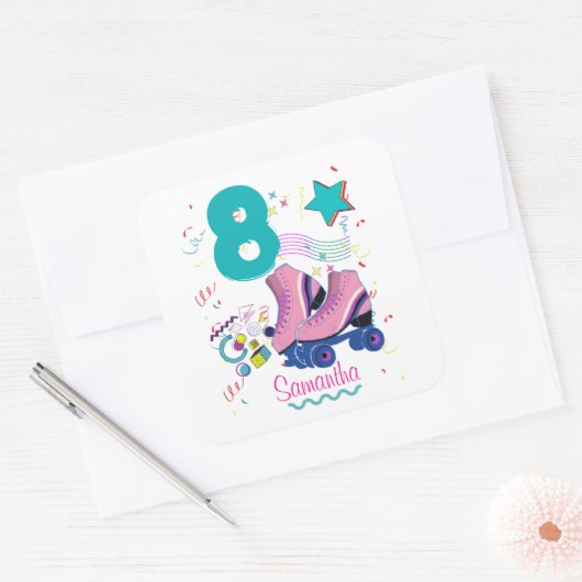 ローラスケート誕生日ガールレトロスケートで滑る スクエアシール (封筒)