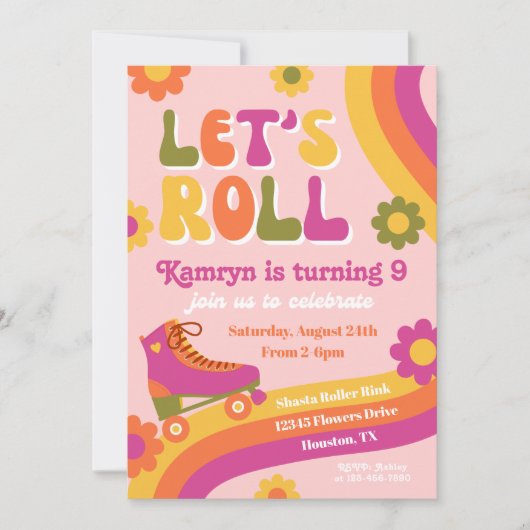 ローラスケート誕生日招待状 |レトロスケート 招待状 (正面)