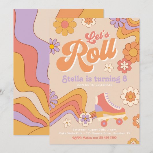 ローラスケート誕生日招待状 | Groovy Skate 招待状 (正面/裏面)