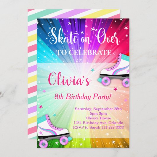 ローラースケーカラフルト誕生日パーティー招待状 招待状 (正面/裏面)