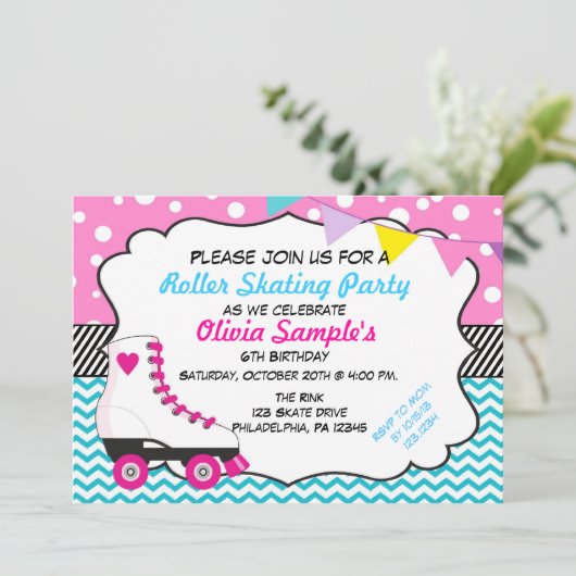 ローラースケートで滑るのパーティーのシェブロンの誕生日の招待状 招待状 (スタンド正面)