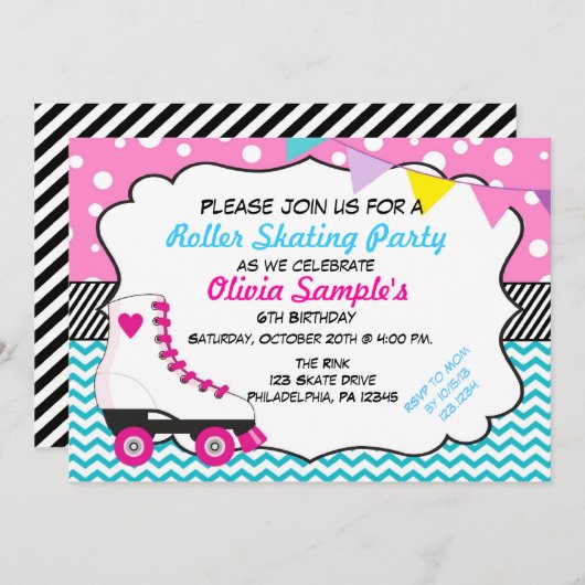 ローラースケートで滑るのパーティーのシェブロンの誕生日の招待状 招待状 (正面/裏面)