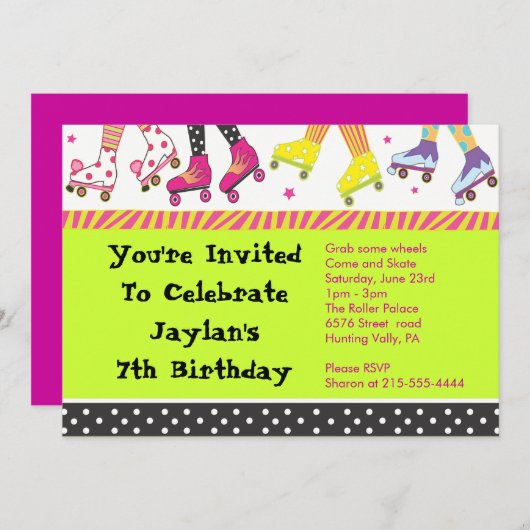 ローラースケートで滑るの招待状のハッピーバースデーのパーティー 招待状 (正面/裏面)