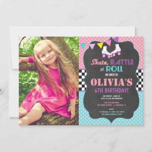 ローラースケートで滑るの誕生会の写真の招待 招待状 (正面)