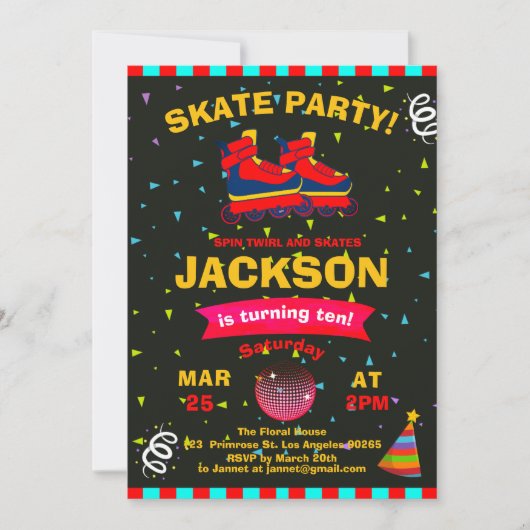 ローラースケートで滑るの黒板紙吹雪誕生会 招待状 (正面)