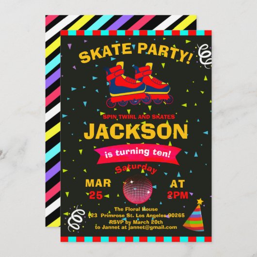 ローラースケートで滑るの黒板紙吹雪誕生会 招待状 (正面/裏面)