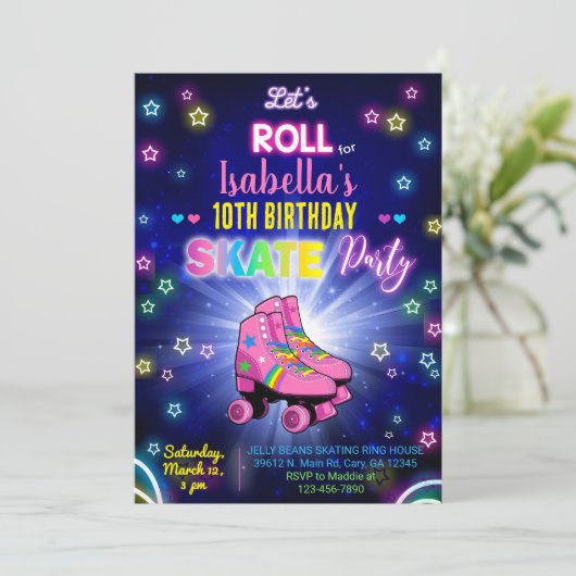 ローラースケートで滑るは女の子の誕生日の招待状をスケートする。 招待状 (スタンド正面)