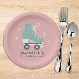 ローラースケートで滑るガールズバースデーパーティーピンク ペーパープレート