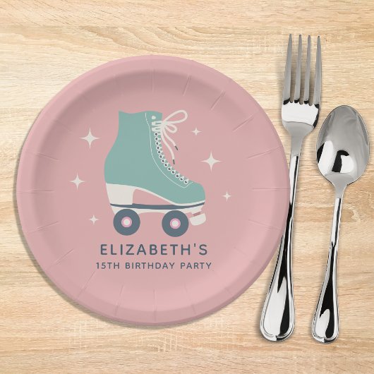 ローラースケートで滑るガールズバースデーパーティーピンク ペーパープレート