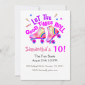 ローラースケートで滑るガールズピンク誕生日招待状 招待状 (正面)