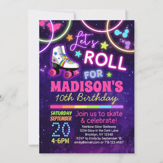 ローラースケートで滑るガールズレインボーネオンバースデーパーティー 招待状 (正面)