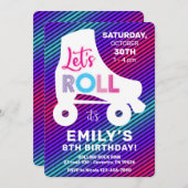 ローラースケートで滑るガールズレインボーネオンバースデーパーティー 招待状 (正面/裏面)