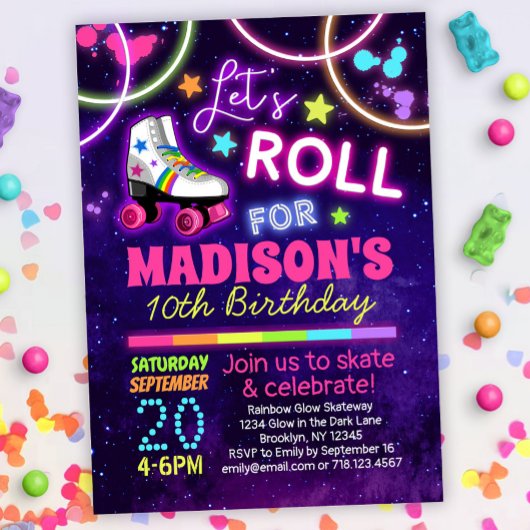 ローラースケートで滑るガールズレインボーネオンバースデーパーティー 招待状