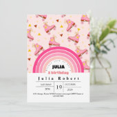 ローラースケートで滑るガールズ誕生日ピンクパープル 招待状 (スタンド正面)