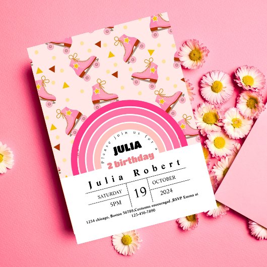 ローラースケートで滑るガールズ誕生日ピンクパープル 招待状