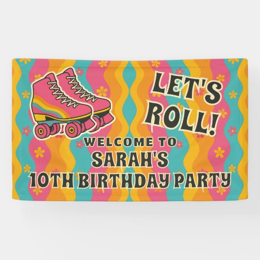 ローラースケートで滑るガールバースデーパーティーへようこそ 横断幕 (横)