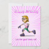 ローラースケートで滑るガールピンク誕生日 カード (正面)