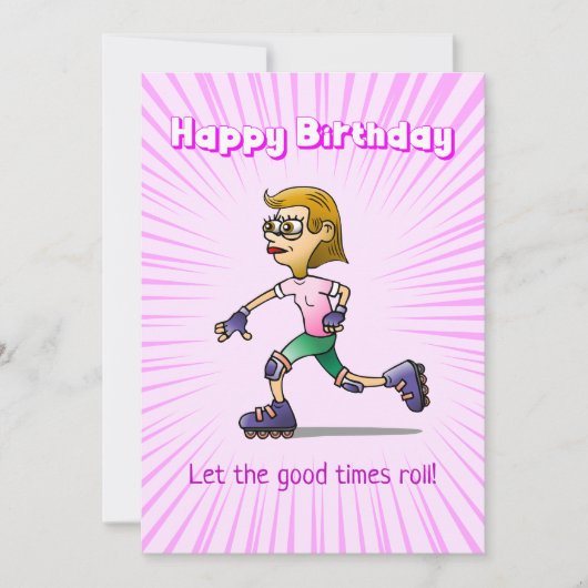 ローラースケートで滑るガールピンク誕生日 カード (正面)