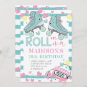 ローラースケートで滑るガール誕生日パステルブルーピンク 招待状 (正面/裏面)