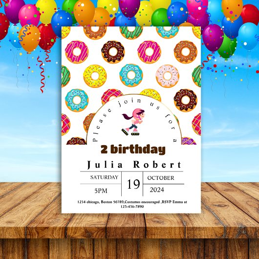 ローラースケートで滑るデザートドーナツ誕生日ピンクイエロー 招待状