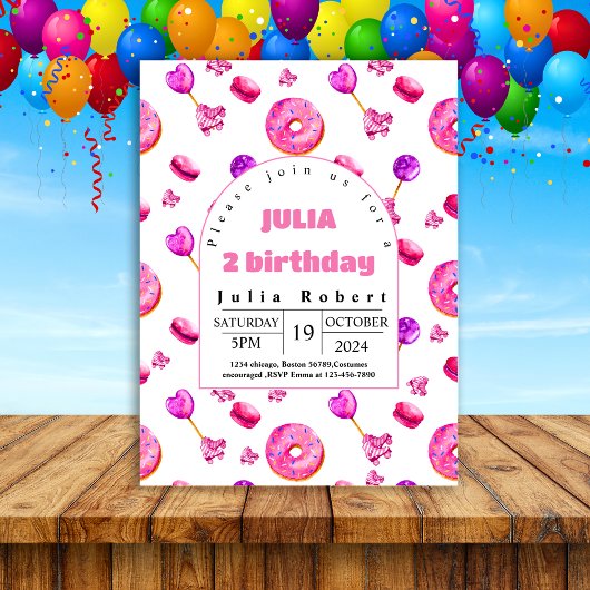 ローラースケートで滑るデザートドーナツ誕生日ピンクパープル 招待状