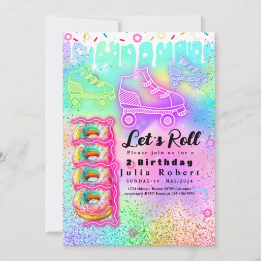 ローラースケートで滑るデザートドーナツ誕生日 カラフル 招待状 (正面)