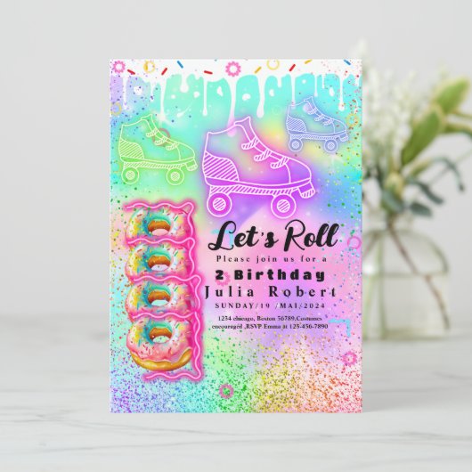 ローラースケートで滑るデザートドーナツ誕生日 カラフル 招待状 (スタンド正面)