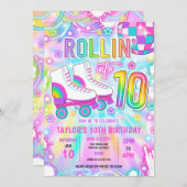 ローラースケートで滑るネオングロー10th誕生日パーティー 招待状 (正面/裏面)