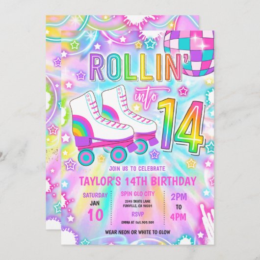 ローラースケートで滑るネオングロー14th誕生日パーティー 招待状 (正面/裏面)