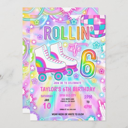 ローラースケートで滑るネオングロー6thバースデーパーティー 招待状 (正面/裏面)