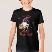 ローラースケートで滑るハロウィーンかわいい幽霊トリックまたはトリート トライブレンドＴシャツ (正面)