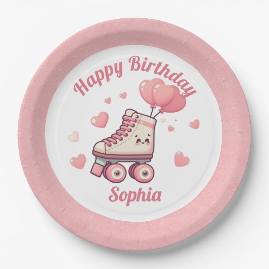 ローラースケートで滑るピンクグリッターガールズバースデーパーティー ペーパープレート (正面)