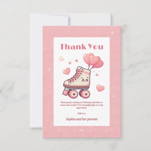 ローラースケートで滑るピンクハートガールズバースデーパーティー サンキューカード (正面)