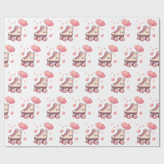 ローラースケートで滑るピンクハートガールズバースデーパーティー ラッピングペーパー (フラット)