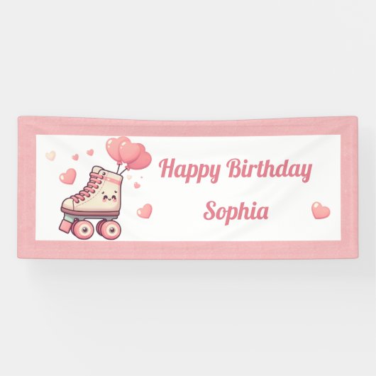 ローラースケートで滑るピンクハートガールズバースデーパーティー 横断幕 (横)