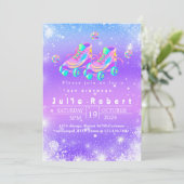 ローラースケートで滑る冬の雪誕生日ピンクパープル 招待状 (スタンド正面)