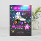 ローラースケートで滑る誕生日パーティーの招待/ネオン 招待状 (スタンド正面)