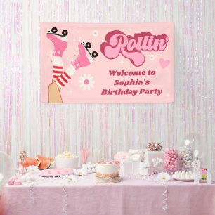 ローラースケートで滑る誕生日パーティービニールバナー 横断幕